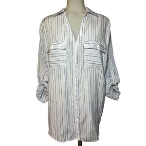 New York & Company Women’s Roll Tab Sleeve Striped Button Up Blouse Size XL